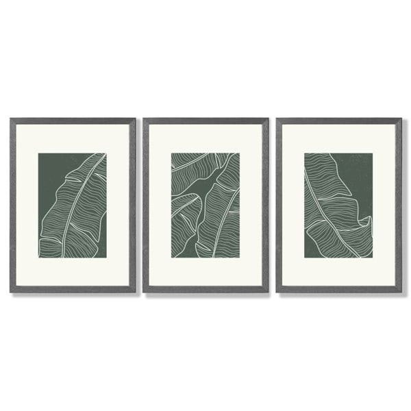 Set of 3 Minimal Green and Cream Botanical Leaves Framed Art Prints with Dark Grey Wooden Frames