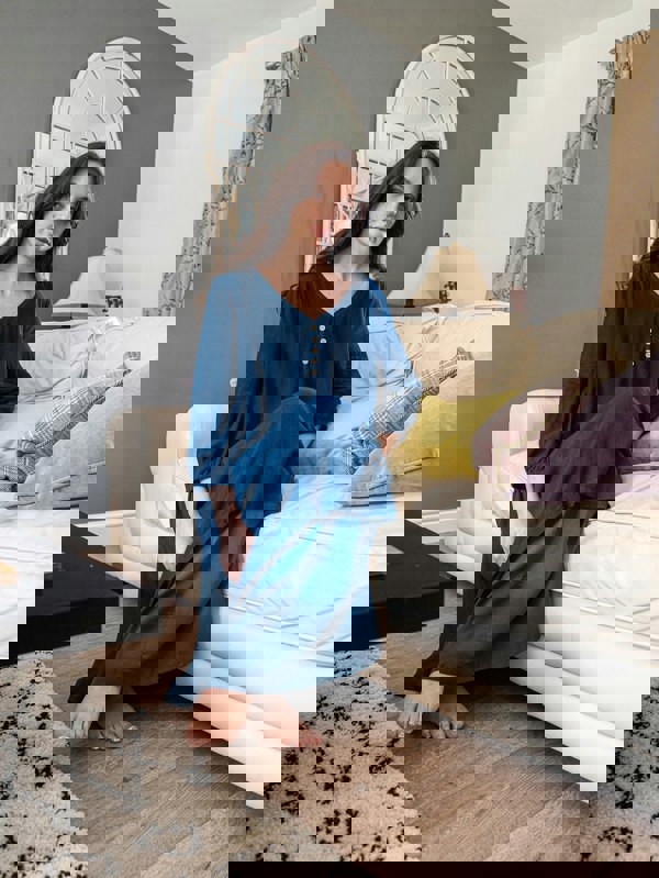 Antonia York Teal Blue Layered Dress | Chelsea Loose Fitting Dress with Front Button Detail