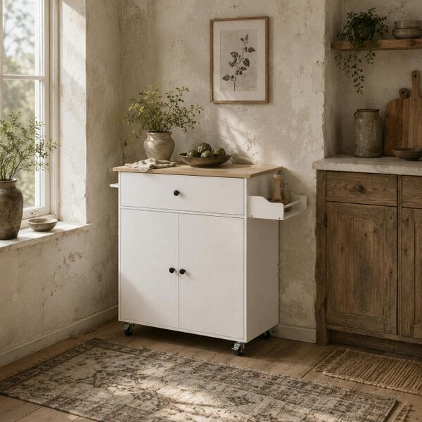 Wyld Haus Seto Wooden White Rolling Kitchen Island With Drop Leaf Drawer Spice Rack And Towel Rail
