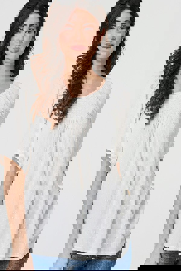 White | Textured Semi Sheer Shirred Bardot Top
