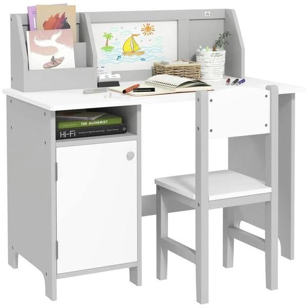 Grey kids table set with whiteboard surface and matching chair