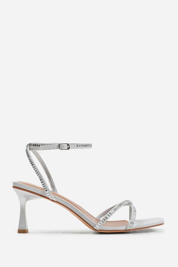 Where's That From Blair Square Toe Low Block Heel With Diamante Cross Over Strap Detail in Silver Satin