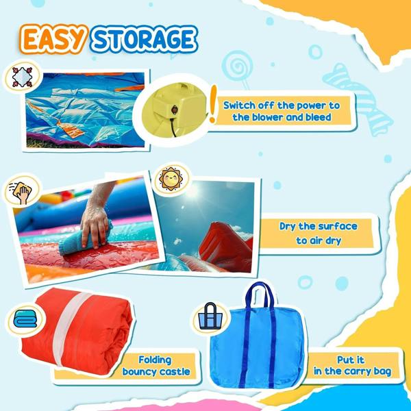 Inflatable bounce castle storage and carry bag setup with folded fabric, multi-color