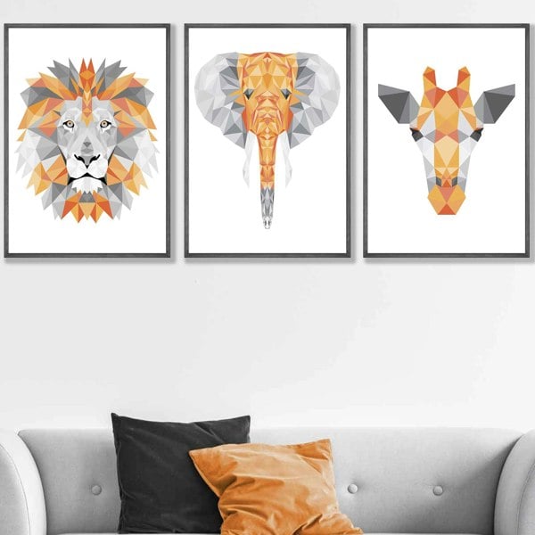 Artze Wall Art Framed Geometric set of 3 ORANGE Giraffe Lion Elephant