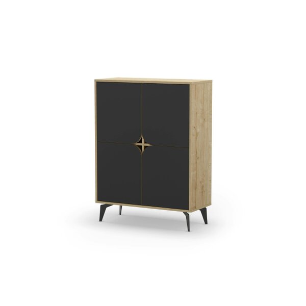 Decortie Modern Spark Cabinet 4-Doors Storage Engineered Wood Display Unit with Black Metal Legs 90(W)cm Oak