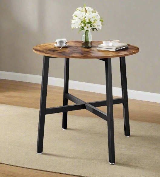 Modcraft Round Dining Table, Rustic Brown Top with Black Steel Frame, Industrial Style for Kitchen or Office