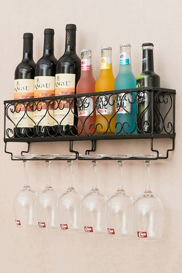 Living and Home 50cm Wall Mounted Wine Rack Iron Bottle Champagne Glass Holder Shelves Home Party Bar