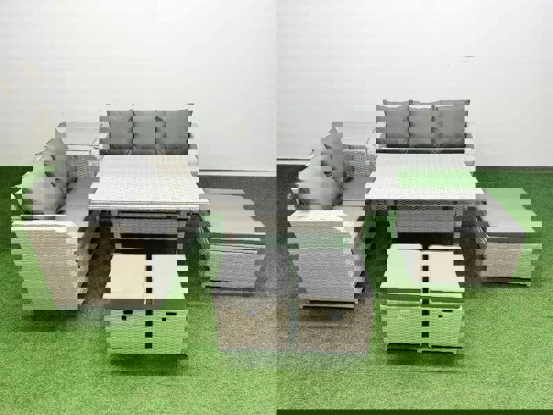 Fimous 8 Seater PE Rattan Wicker Garden Furniture Patio Conservatory Sofa Set with Rectangular Dining Table 3 Seater Sofa Love Sofa 3 Stool Side Table