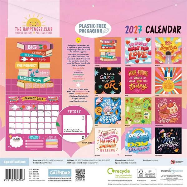 The Happiness Club, Happy Days Calendar 2027, Wall Calendars, Month To View, Lifestyle, Gift