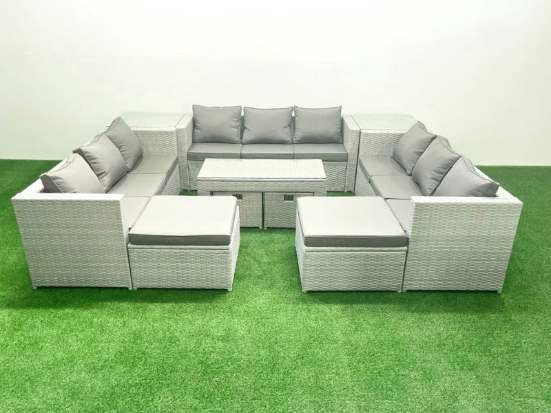 Fimous Outdoor Rattan Garden Furniture Set with Grey Cushions Luxury 14 Seater with Coffee Table and 2 Side Tables For Conservatory,Patio