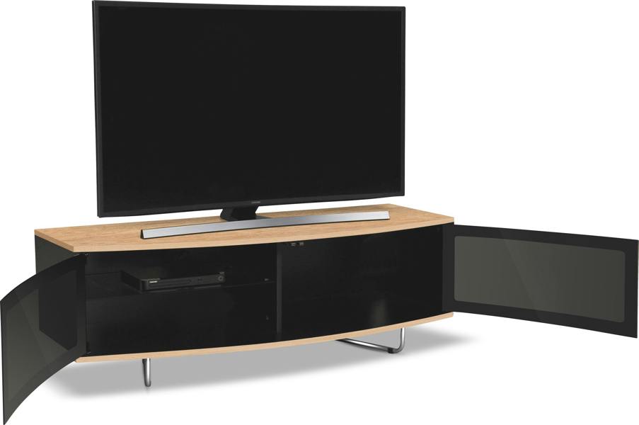 Homeology Caru Gloss Black and Gloss Oak Beam-Thru Remote Friendly Super-Contemporary "D" Shape Design 32"-65" LED/OLED/LCD TV Cabinet