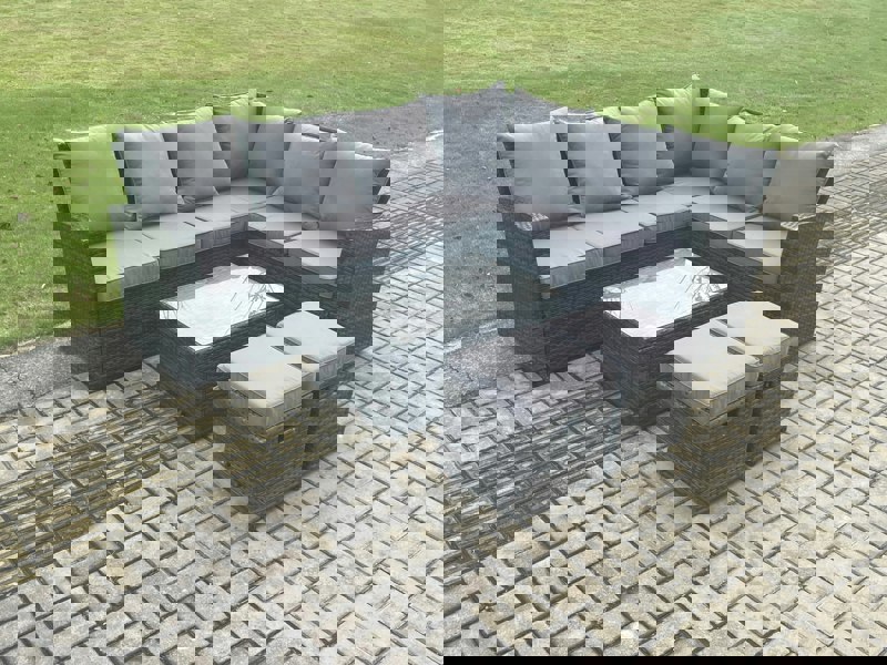 Fimous Wicker PE Outdoor Garden Furniture Set High Back Rattan Corner Sofa Set with Rectangular Coffee Table 2 Small Footstools