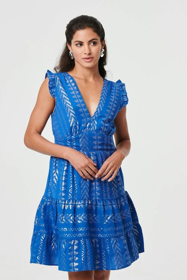 Blue | Metallic Cap Sleeve Short Skater Dress : Model is 5'8"/172 cm and wears UK8/EU36/US4/AUS8
