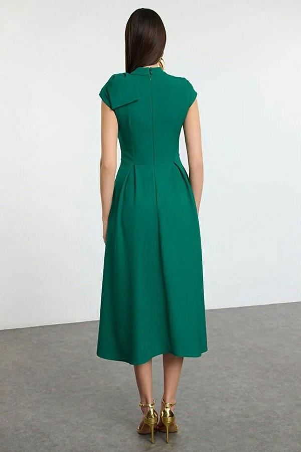 High Neck Pleated Midi Dress with Bow Detail