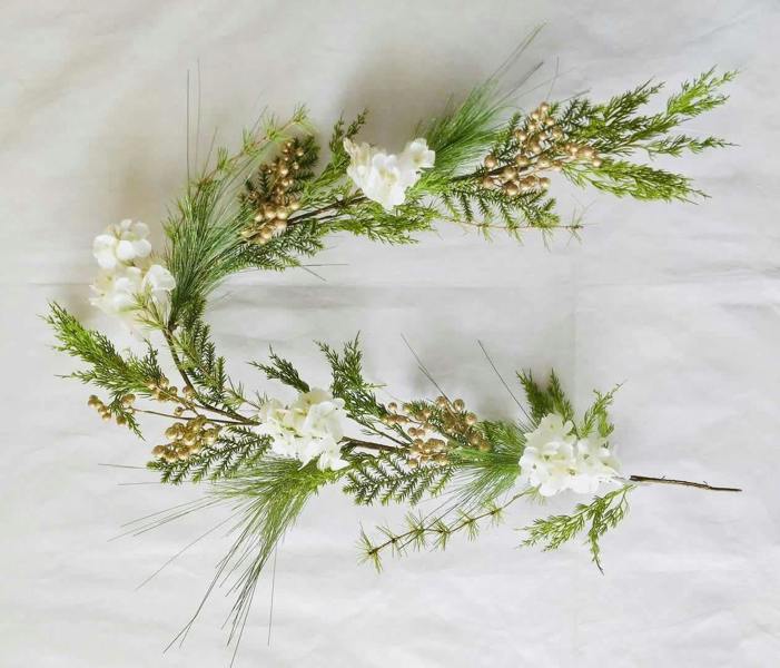 15cm Green Christmas Garland with Golden Berries and White Flowers, Handmade Decorative Display image 1