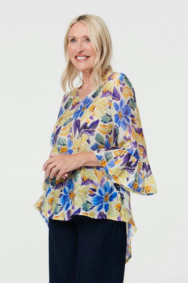 Blue | Floral Flare 3/4 Sleeve Relaxed Blouse