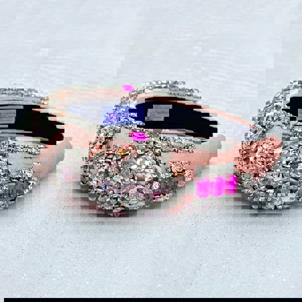 Pink velvet headband, encrusted with crystals, pink gems, silver rhinestone detailing, luxury statement accessory
