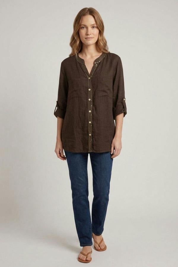 Brown | Sequin Trim 3/4 Sleeve Relaxed Shirt