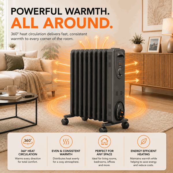 MYLEK Oil Filled Radiator 2000W Portable Heater Thermostat 3 Heat Settings Grey