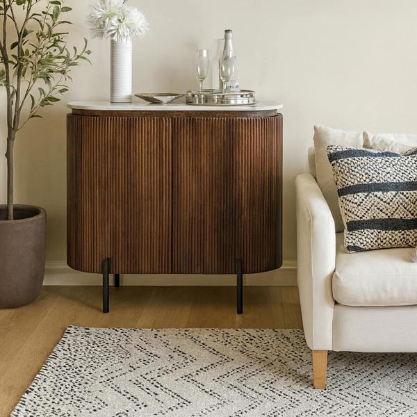 Wyld Haus Alabama Ribbed Solid Wood Sideboard Drinks Cabinet With Marble Top and Metal Legs