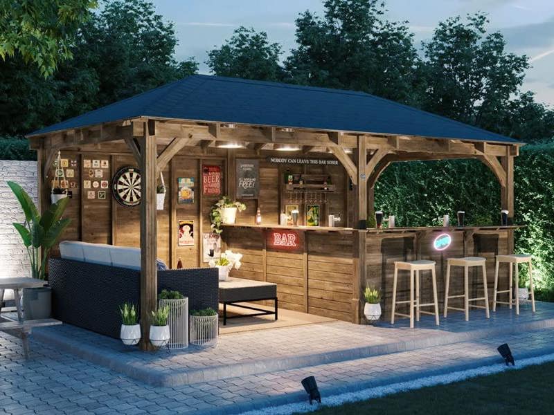 Dunster House Garden Bar 6m x 3m Wooden Outdoor Pub Shed Leviathan Back Wall Black Shingles Included