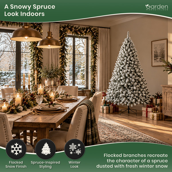 Flocked Woodcote Spruce Artificial Christmas Tree with Snow, 1.8m, 640 Tips, Hinged Branches, 106cm Wide, Metal Stand