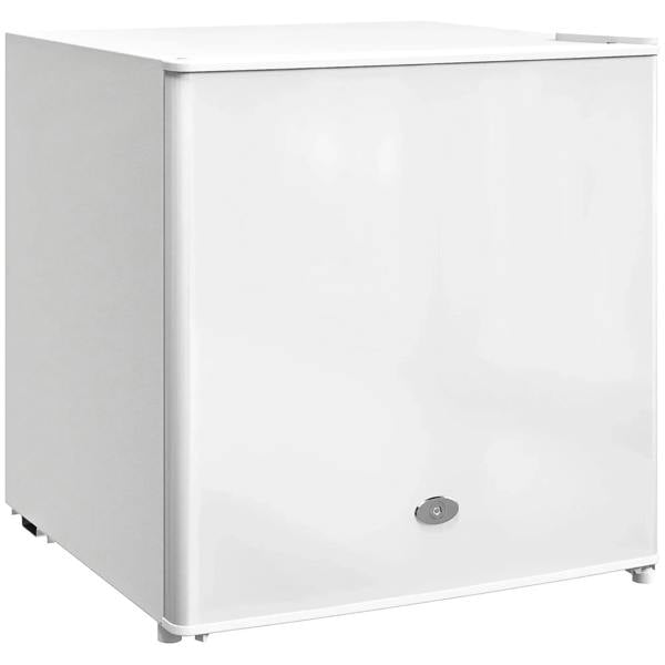 White mini freezer with front door and latch, compact rectangular chest design.