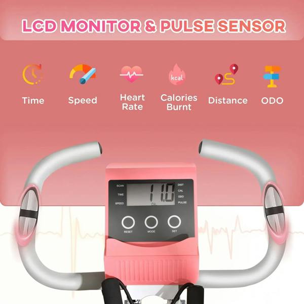 LCD console with pulse sensor on pink exercise bike, with curved silver handlebars