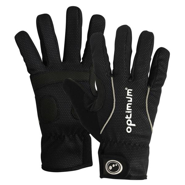 Black full-finger winter cycling gloves pair, palm and back with white Optimum logo, on white - Optimum