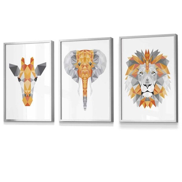 Artze Wall Art Framed Geometric set of 3 ORANGE Giraffe Lion Elephant