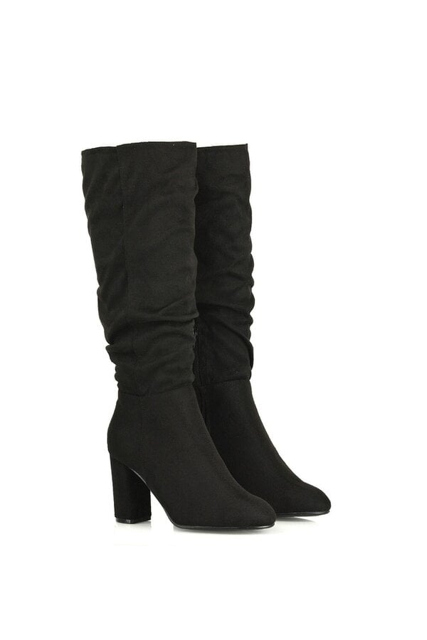 XY LONDON Ruched Zip-up Block Heeled Knee Calf Boots