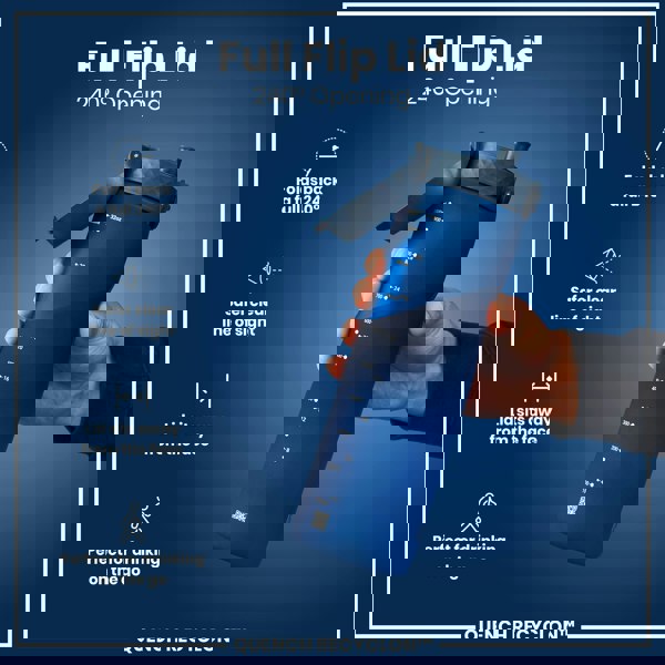 A blue water bottle with a 240° opening flip lid is held by a hand against a dark blue background. The bottle displays measurement markings in milliliters and ounces. QUENCH RECYCLON™ is also printed on the bottle.