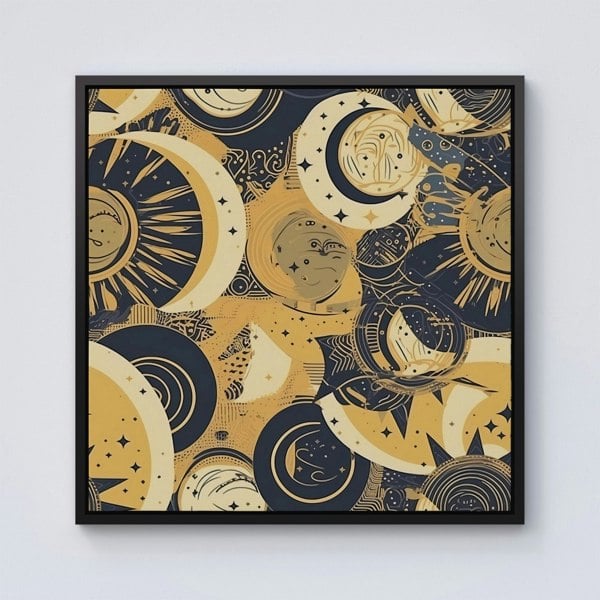 Warren Reed Blue Gold Moon and Sun Framed Canvas