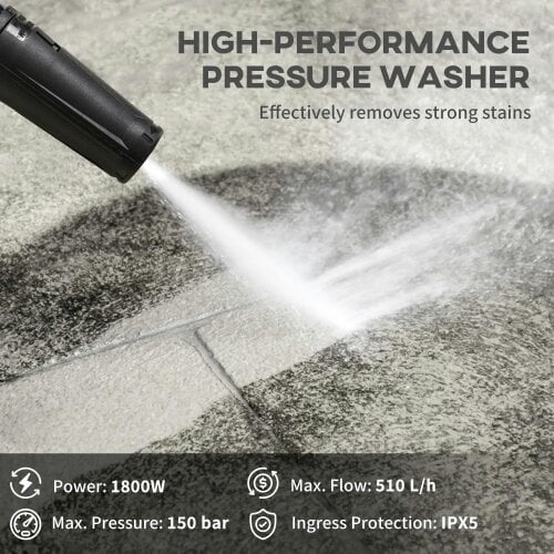 Bobobiy 1800W High Pressure Washer, 150 Bar Pressure, 510 L/h Flow, High-Performance Portable Power Washer Jet Wash Cleaner with 6M Hose, Green