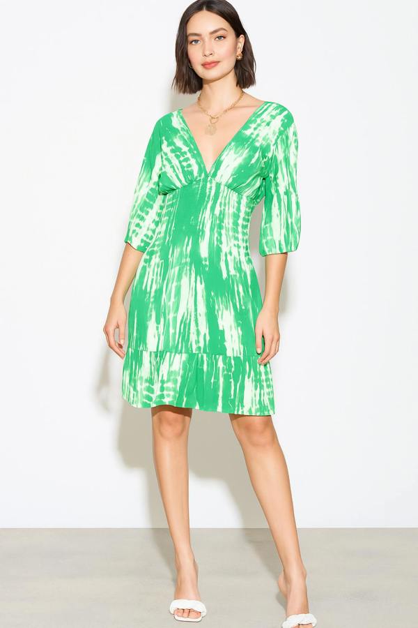 Hoxton Gal Relaxed Fit 3/4 Sleeves Shirred Waist Printed V Neck Mini Dress in Green and White