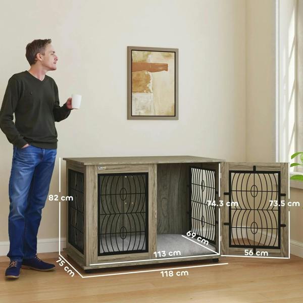 Grey dog crate furniture table with open base and black wire door panels