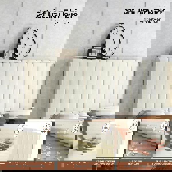 Levede Wooden Bed Frame King Panel Plush Upholstered Metal Bed Platform Beige