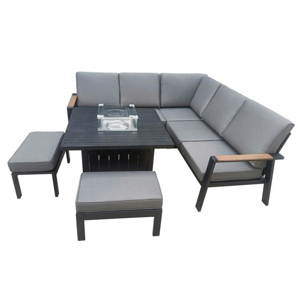 Furniture One Garden Furniture 7 Seater Set, Aluminium Patio Corner Sofa with Firepit Table, Stools & Soft Cushions