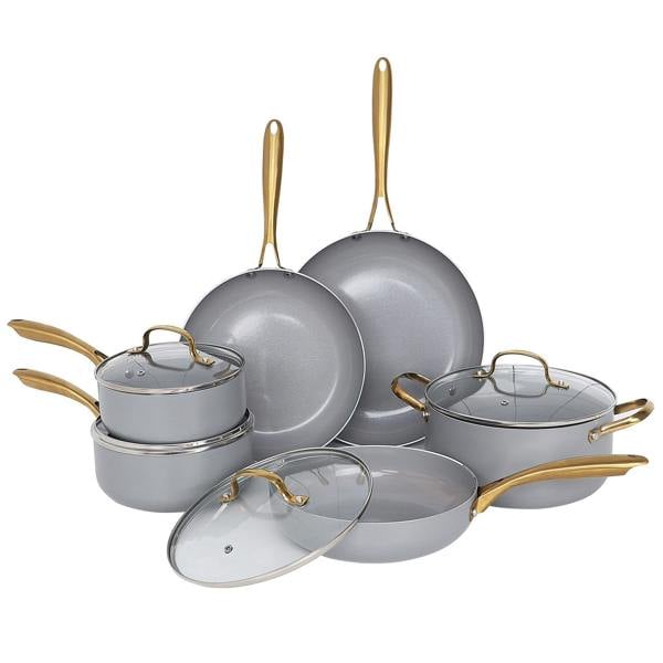 Gr8 Home Grey Gold Induction 10 Pc Cookware Set Non Stick Frying Pan Saucepan Cooking Pot
