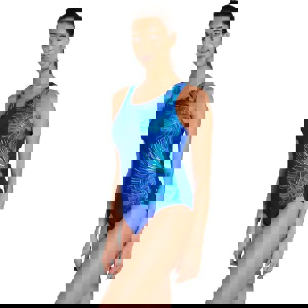 Zoggs Nautilus scoopback swimsuit in royal blue with teal leaf pattern