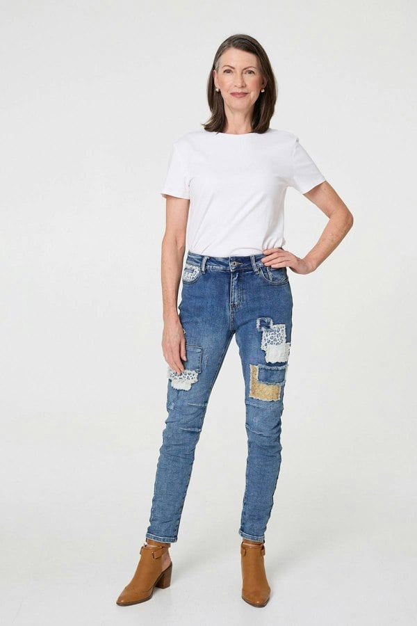 Blue | Patchwork Detail Frayed Skinny Jeans
