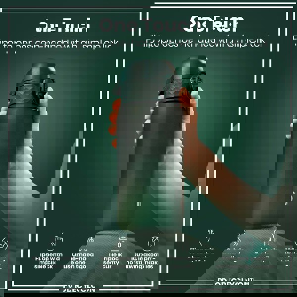 A dark-green water bottle is held; its flip top opens one-handed. The bottle features a triple lock security and is 100% leak-proof. The context is a green background with product details.