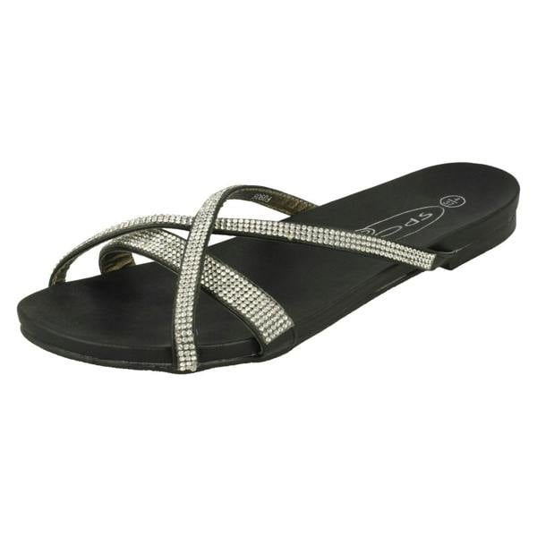 Spot On Ladies Spot On Diamante Flat Sandals