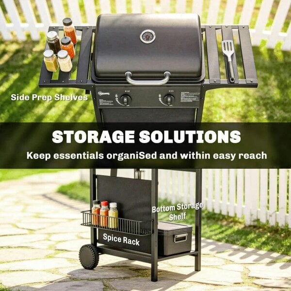 Bobobiy Gas Burner Barbecue Grill, 2 Burner Gas Grill with Side Tables, Warming Rack, Shelf, Thermometer, Grease Tray, Black