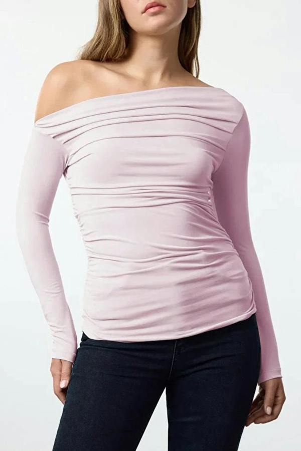 Hoxton Gal Draped/Gathered Detail Long-Sleeve Stretch Knit Fitted Blouse