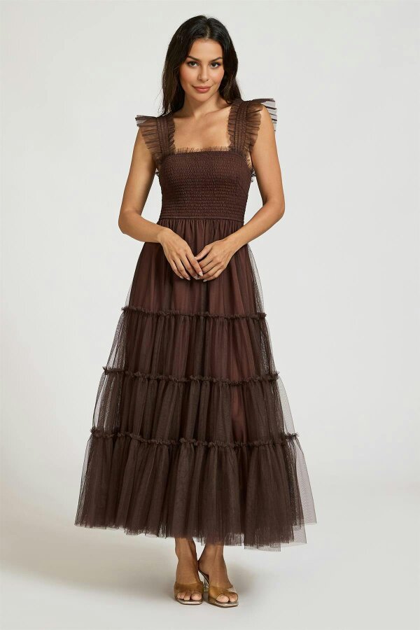 FS Collection Sleeveless Smocked Ruffle Tulle Dress In Brown
