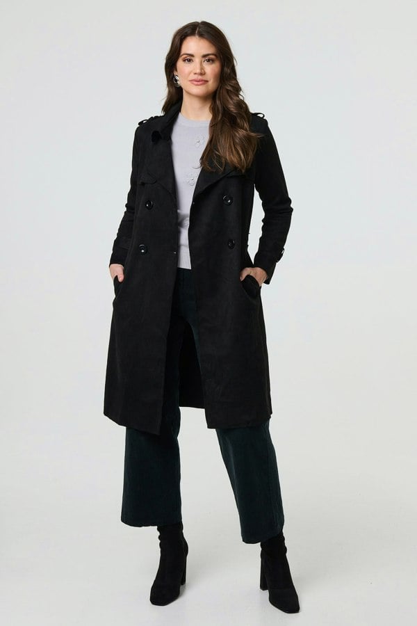 Black | Suede Tie Waist Button Front Trench Coat
