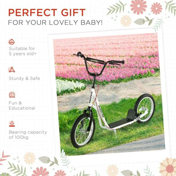 White kids kick scooter with black deck and handlebars, front wheel and kickstand