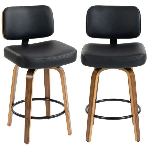 Bar Stools 360° Swivel Breakfast Bar Stools Padded PU Seat Footrest Set of 2 Black