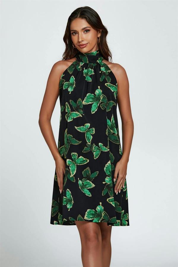 FS Collection Butterfly Print Halter Neck Tie Back Mini Dress In Green